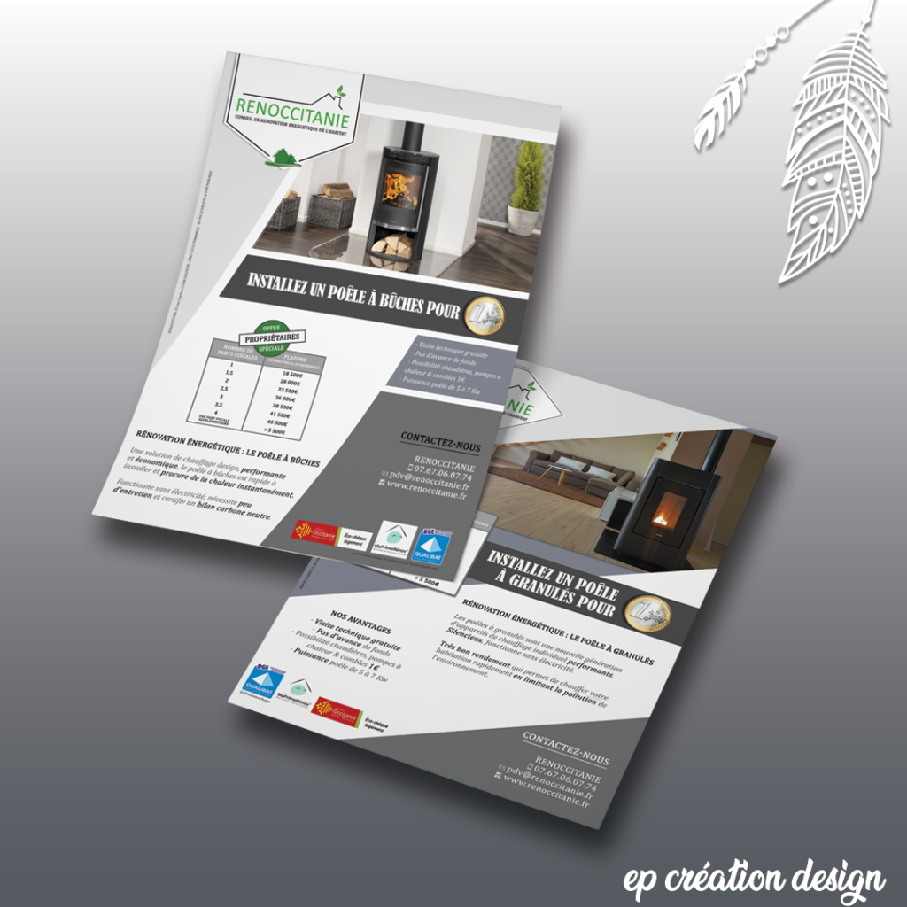 Flyers design pour proposer les offres poeles à bois et poeles à granulés de Renoccitanie