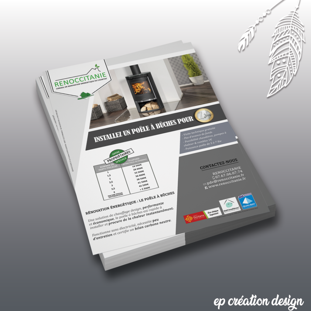 Flyers design pour une entreprise dans la rénovation énergétique qui propose des poeles