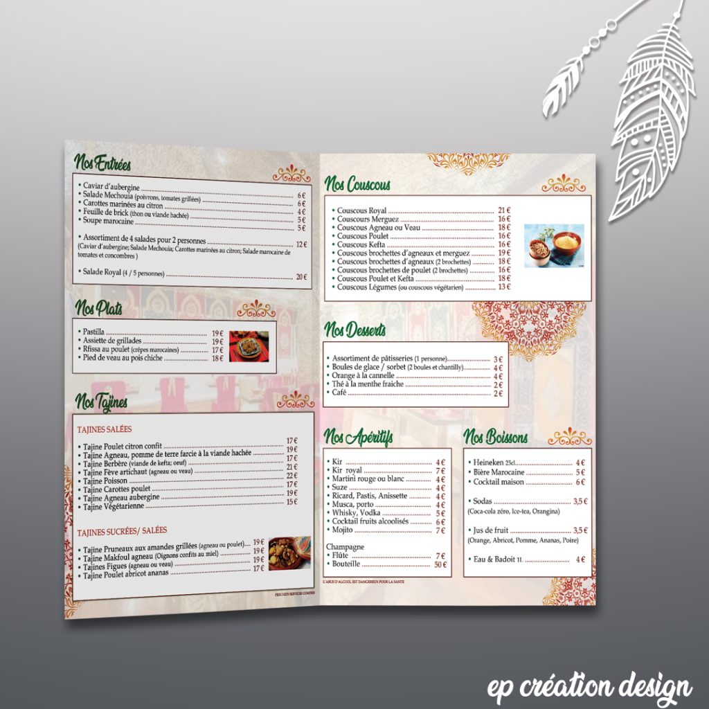 Carte de restaurant le Marrakech, pages interieures