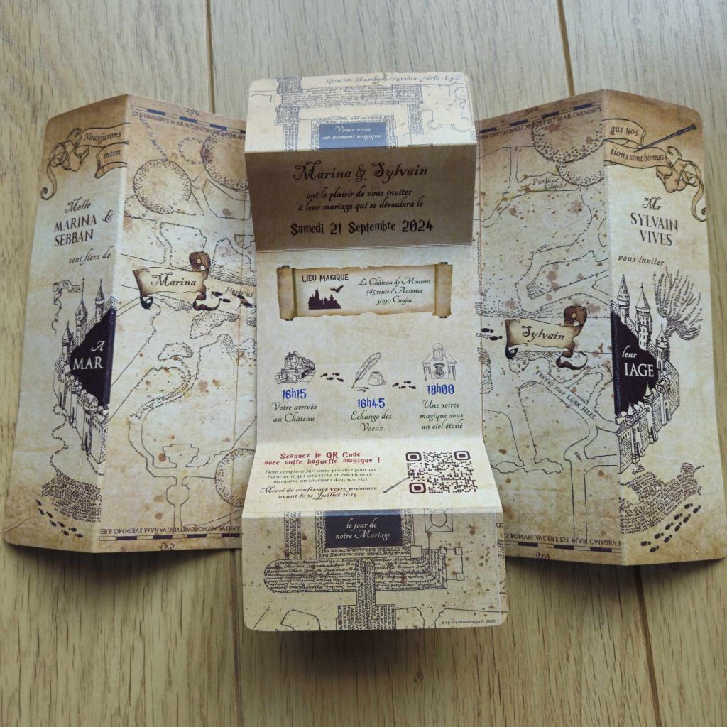 Inspirez-vous avec un faire-part de mariage Harry Potter au design carte du Maraudeur.