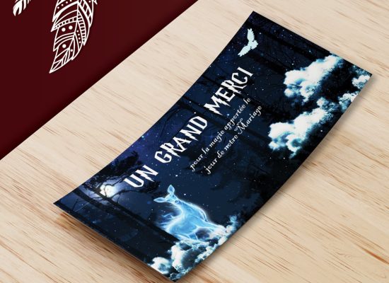 Carte de remerciement pour un mariage sur le thème d'Harry Potter avec le patronus de Severus Rogue