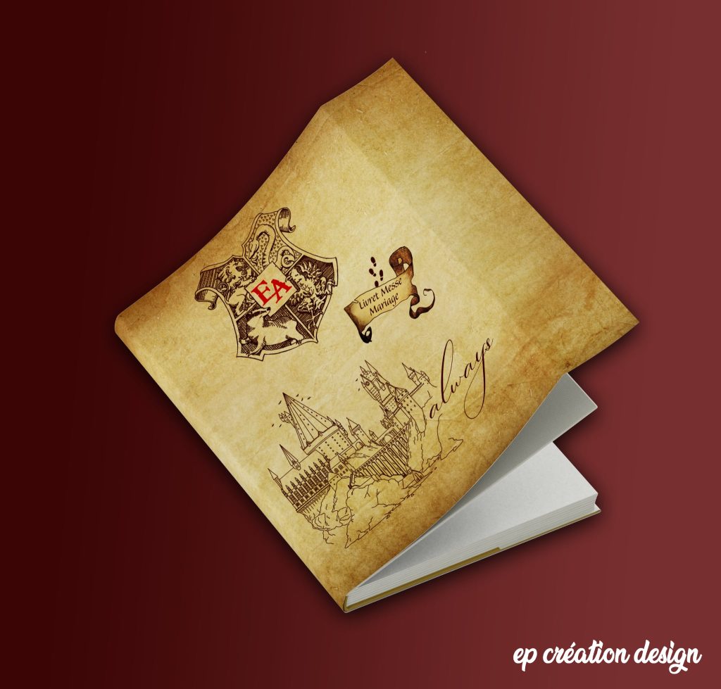 Couverture personnalisée Harry Potter pour livret de messe – Donnez une touche magique à votre cérémonie avec vos prénoms et blason sur-mesure !