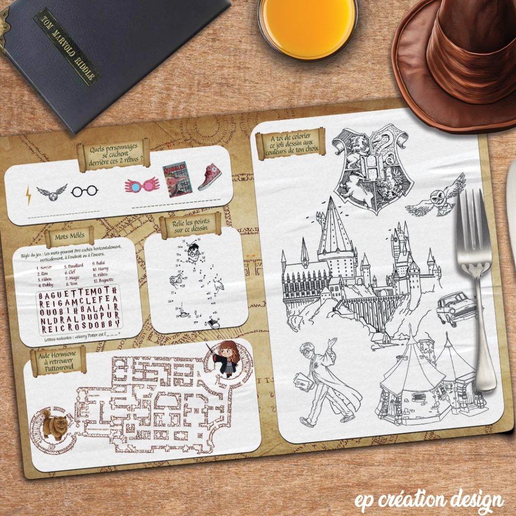Set de table Harry Potter avec jeux pour enfants – Parfait pour occuper les petits sorciers pendant le repas, entre coloriages et énigmes magiques !